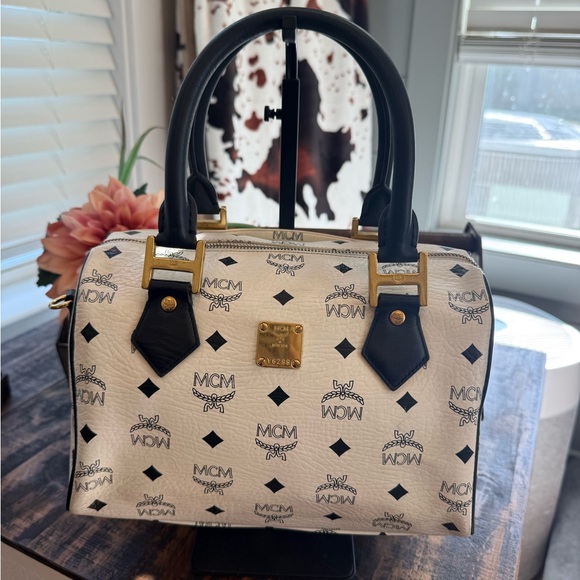 MCM Handbags - MCM Visetos White & Navy Boston handbag Vintage